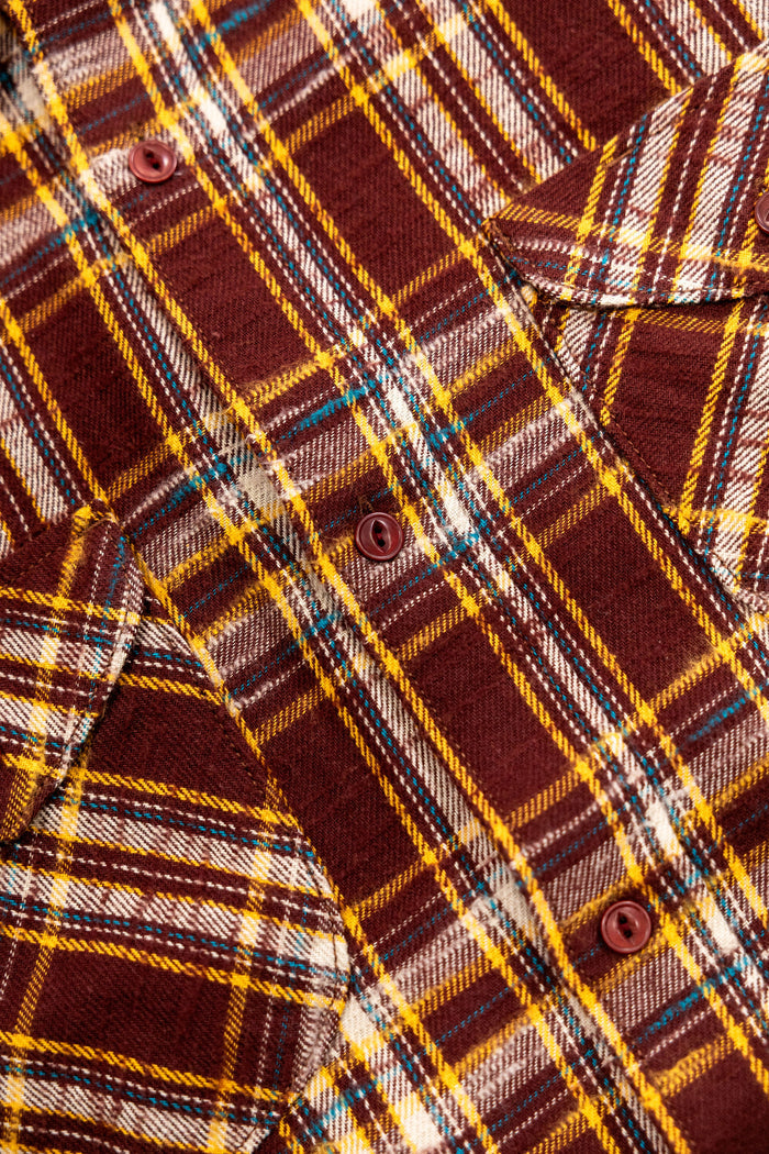 A close-up of the UES 502655 Slubby Flannel Shirt in Brown