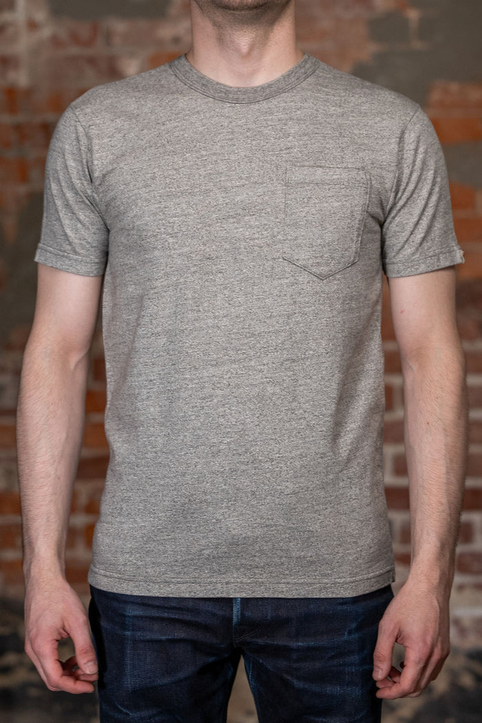 UES Ramayana Crew Neck Pocket T-Shirt in Gray on model, front view