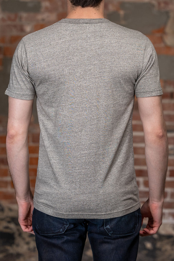UES Ramayana Crew Neck Pocket T-Shirt in Gray on model, back view