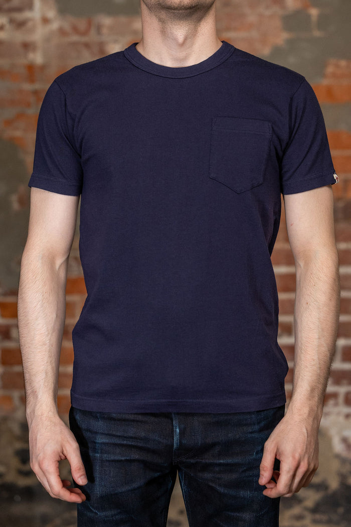 UES Ramayana Crew Neck Pocket T-Shirt in Navy on model, front view