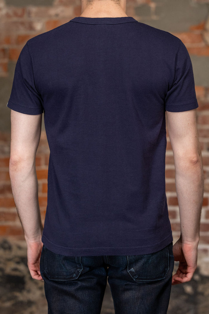 UES Ramayana Crew Neck Pocket T-Shirt in Navy on model, back view
