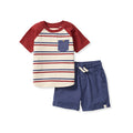 Boys striped raglan T-shirt with chest pocket and navy pull-on shorts set