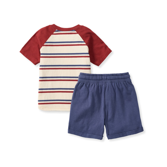 Boys striped raglan tee with burgundy sleeves and navy drawstring pull-on shorts