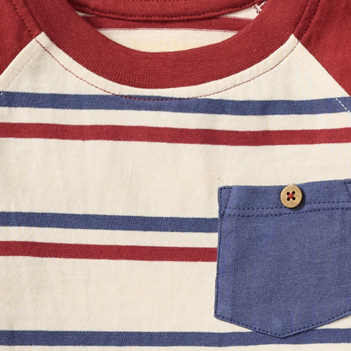 Striped raglan T-shirt with burgundy trim and navy shorts pocket with button