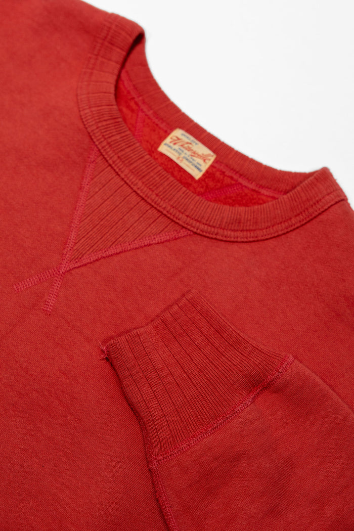 Whitesville WV67729 Heavy Sweatshirt - Red - Laid flat close-up of wide rib collar and neck gusset, wide ribbed cuffs and brand tag on a white background