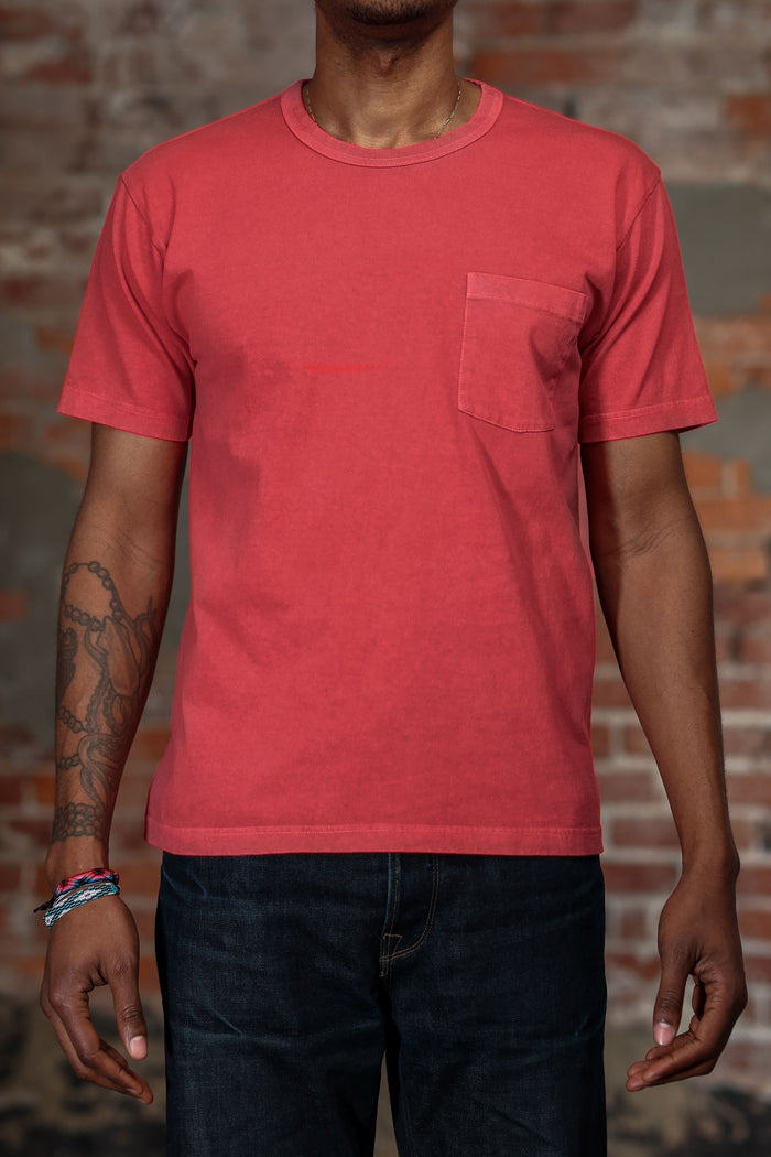 Whitesville WV79531 Pigment Dye Pocket T-Shirt - Red - On model wearing blue jeans, full shot of front with brick background