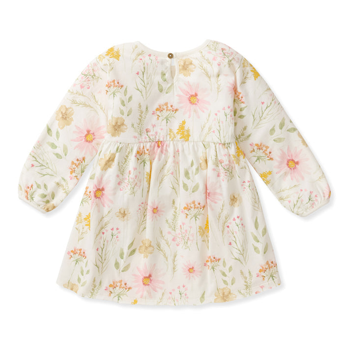 White long-sleeve floral dress with button front and gathered waist